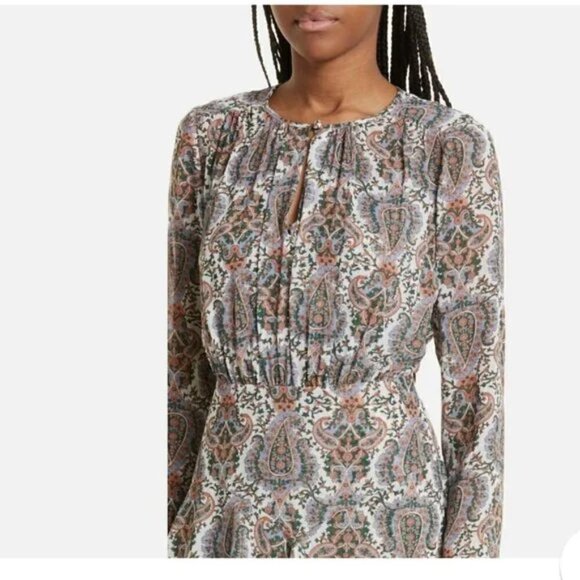 VERONICA BEARD Sazan LS Handkerchief Hem Paisley Dress In Ecru Multi- Size 2 - Picture 2 of 8